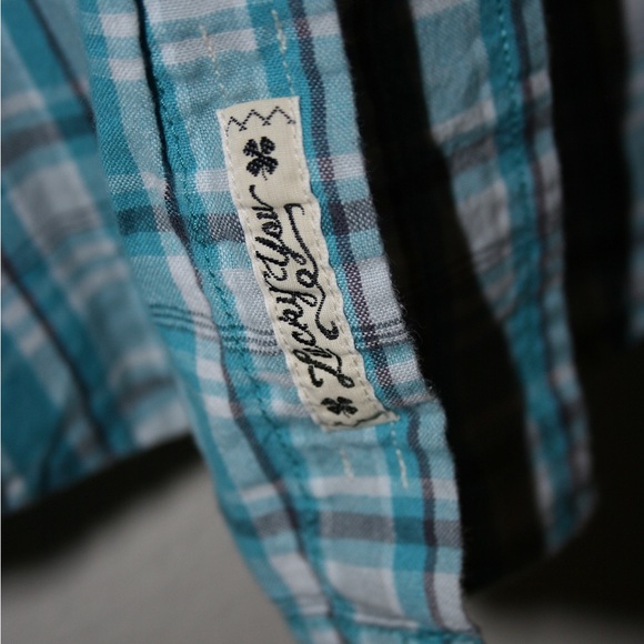 Lucky brand men’s snap front teal blue plaid XXl shirt - Picture 2 of 5
